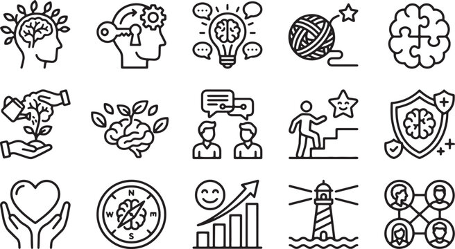 Set of mental health and psychology icons in line art style. brain, growth, ideas, puzzle, care, chat, success, shield, heart, compass, progress, lighthouse, network, intelligence.