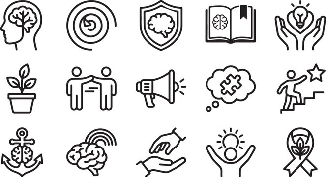 Mental health and wellness icons set with brain, human figures, and growth symbols.