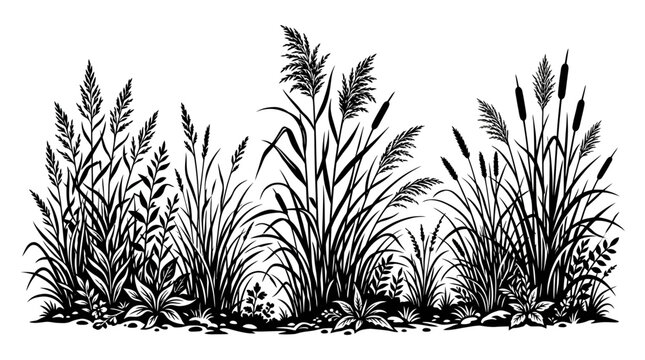 CAD tree lines Tree Black tree silhouette Black grass Vintage botanical reed and cattail vector illustration, black and white marsh grass silhouette