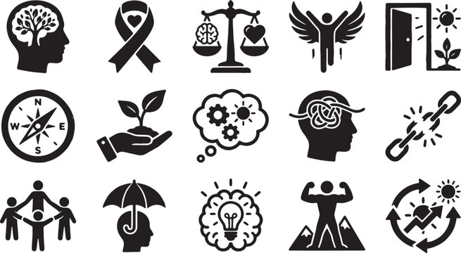 Mental wellness icons set with brain, growth, and abstract human silhouettes.