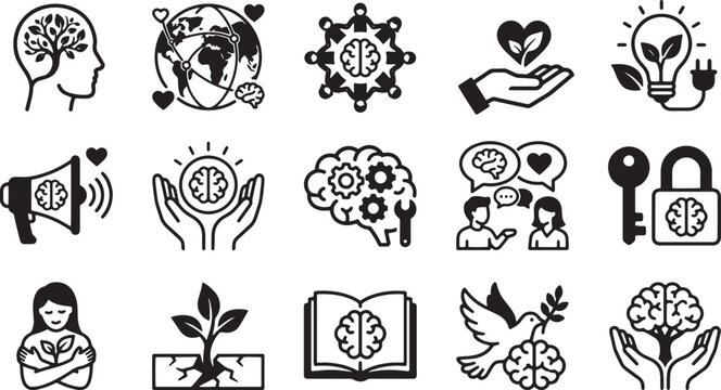 Mental health and community support icons for psychological well being and global awareness.