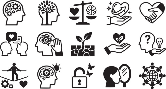 Cognitive psychology and self reflection icons for mental health therapy and personal insight.