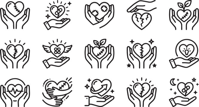 Heart healing and emotional recovery icons for mental health support and trauma therapy.