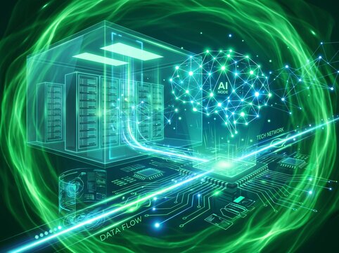 Artificial Intelligence Node and Microchip Circuit Board with Server Data Center Concept