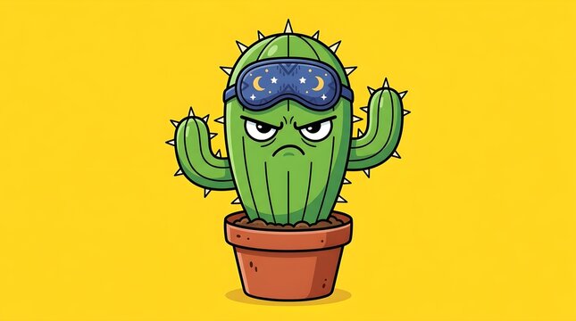 Grumpy cartoon cactus wearing sleep mask suffering from insomnia