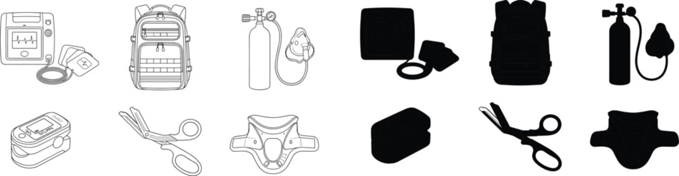 Set of emergency medical and first aid equipment icons including defib, oxygen tank, and neck brace in outline and solid styles