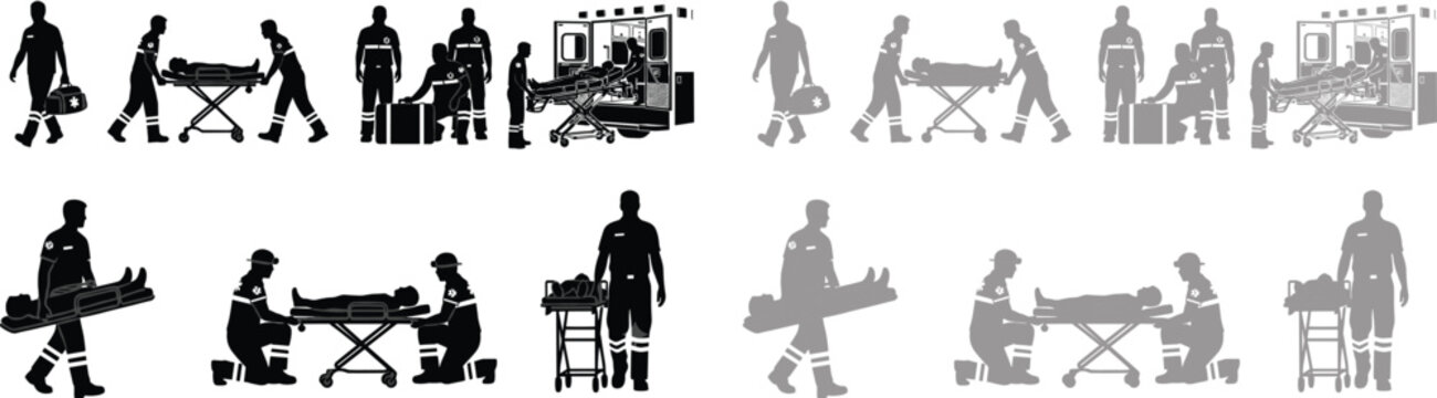 Set of paramedic and emergency medical service silhouettes featuring ambulance staff and patient transport