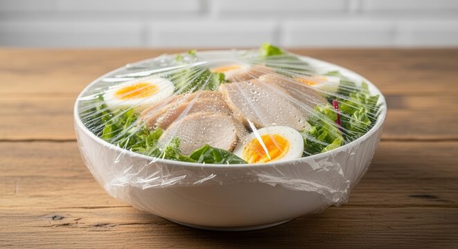 salad with chicken and eggs wrapped in plastic