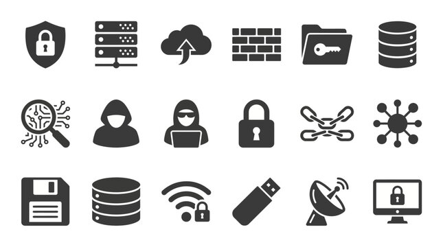 Data protection icons illustrate advanced network security and digital infrastructure concepts for enterprise information systems.