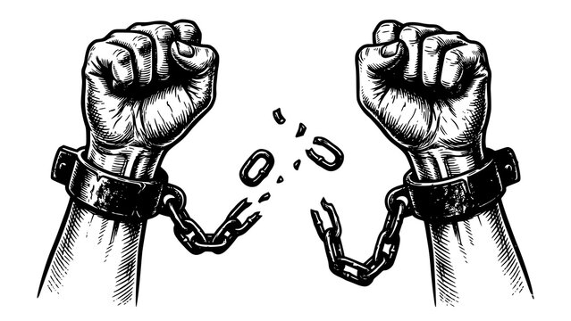 Illustration of two human fists raised in the air breaking free from heavy metal chains
