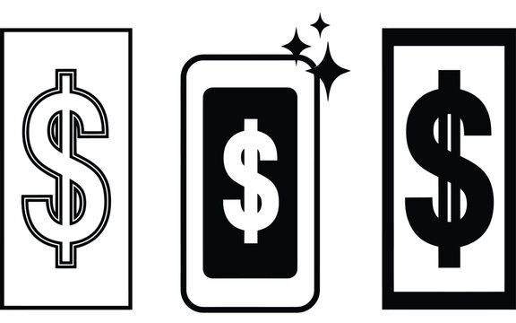 Set of black dollar bill vector icons and smartphone mobile payment symbol isolated on a plain white background for finance.