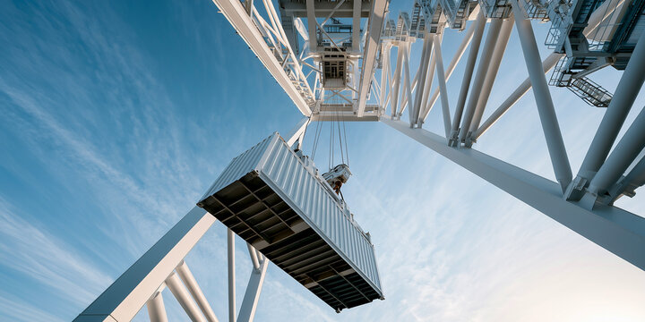 Panoramic view of massive gantry crane lifting a white shipping container at port