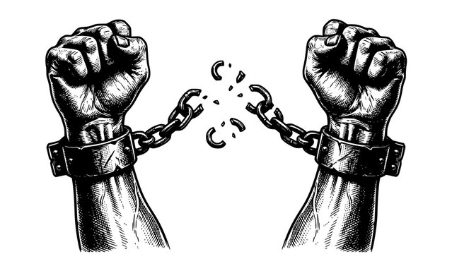 Illustration of two human hands with broken chains representing freedom and liberation from oppression