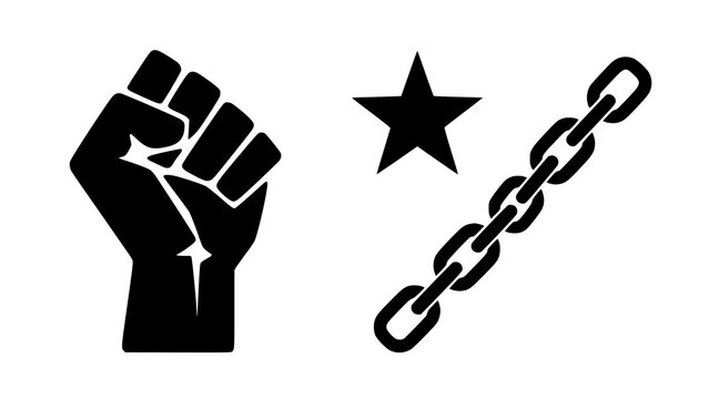 Black silhouette icon of a raised fist with a star and a broken metal chain