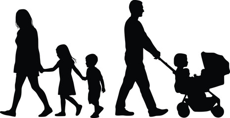 Silhouettes of a family walking with a stroller on white background parents children