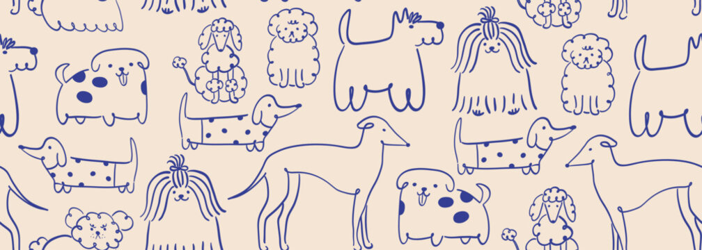 Seamless vector banner with hand-drawn whimsical dog breeds silhouettes. Line art minimalist puppies on wide background. Cute animals pattern design