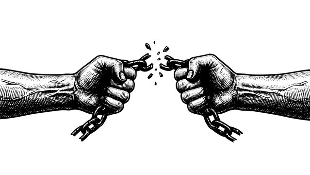 Black and white illustration of human hands breaking metal chains representing freedom and liberation