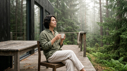 Fototapeta premium Man relaxing with coffee on cabin porch