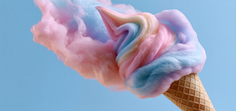 At a lively summer fair, a vibrant cone holds fluffy, pastel-colored cotton candy, ideal for joyful event marketing.