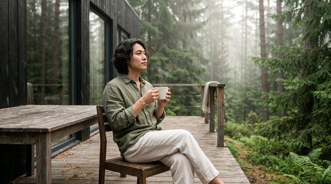 Man relaxing with coffee on cabin porch