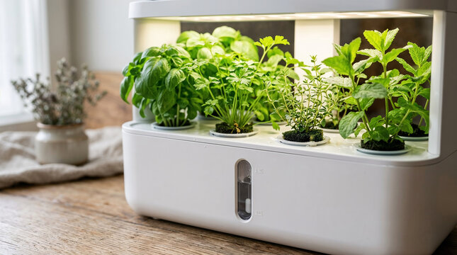 Smart indoor hydroponic garden with fresh herbs
