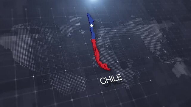Chile map with national flag on digital world map background, geographic border, global political and international news concept