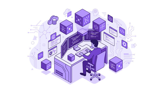 Programmer working on computer, coding, data analysis, isometric illustration