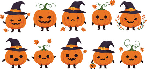 Fototapeta premium Cartoon pumpkins wearing witch hats with various expressions flat vector illustration on white background autumn