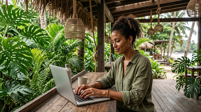 Freelancer woman working on a laptop in a tropical eco lodge