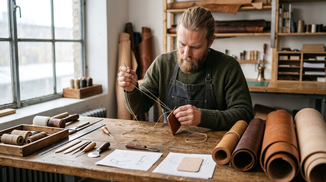 Skilled male craftsman working with leather and thread in a workshop