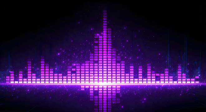 Vibrant purple sound equalizer pulsates with glittering particles and futuristic digital lines creating a dynamic audiovisual experience.