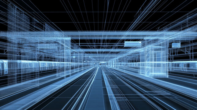 Wireframe of Subway Tunnel with Futuristic Perspective