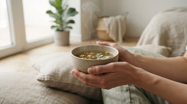 Person holding a warm bowl of herbal chamomile tea at home
