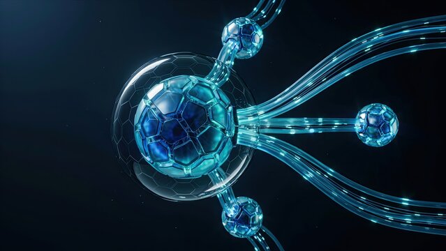 Sphere acts as a central data node connected to glowing conduits that facilitate communication between digital networks.