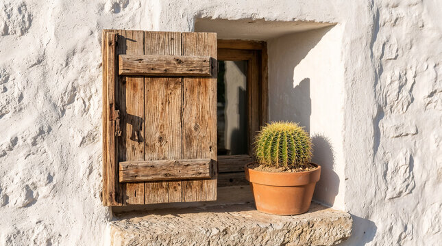 Cactus on Windowsill with Wooden Shutters