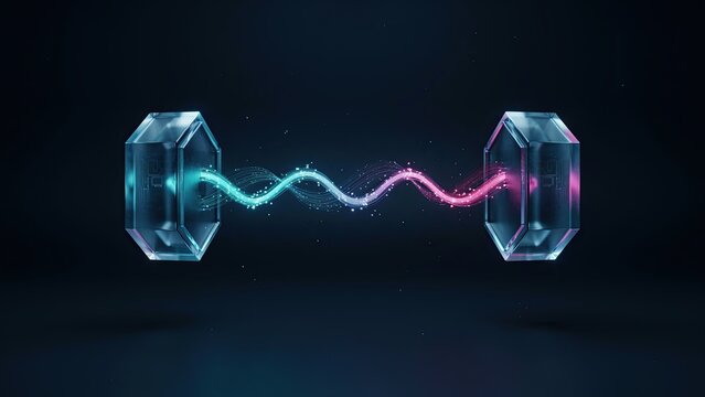 Crystals connected by a vibrant energy beam bridge the gap between two opposing sides of a dark digital realm.