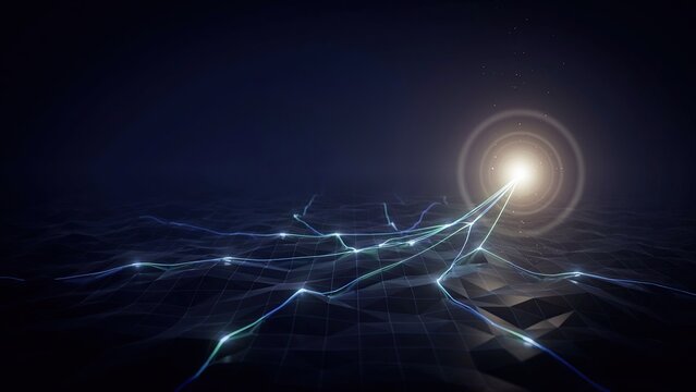 Light streaks converge at a singular bright point above a textured geometric surface representing a digital landscape.