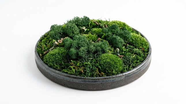A round decorative bowl filled with lush green preserved moss isolated on a clean white background for interior design