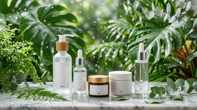 Natural organic skincare products displayed on a marble surface surrounded by lush green tropical leaves in a bright garden