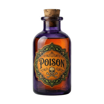 A vintage glass bottle of poison for a happy halloween transparent background png image featuring a skull and crossbones label for spooky holiday designs