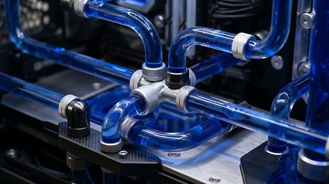 Closeup of a custom liquid cooling loop inside a highend gaming pc