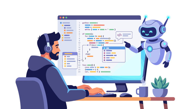 Software developer debugging code with artificial intelligence robot assistant on computer screen flat vector illustration.