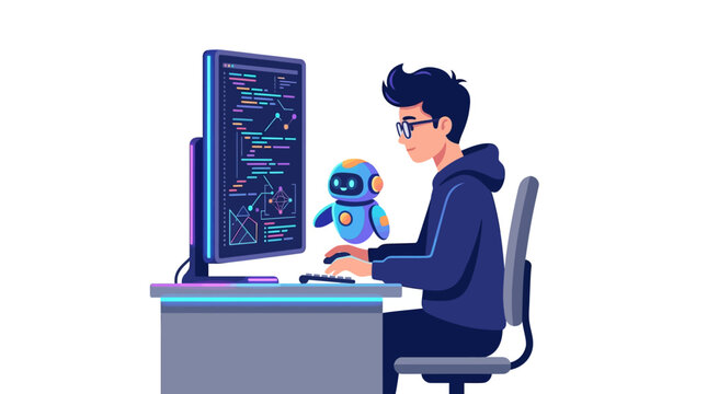 Young software developer coding complex algorithms with AI robot assistant in a modern workspace flat vector illustration.
