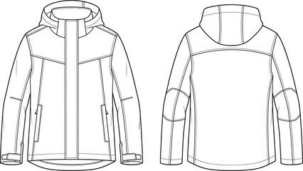 Men's Hooded Outdoor Jacket Technical Fashion Flat Sketch Front and Back CAD Template © MdMazibur