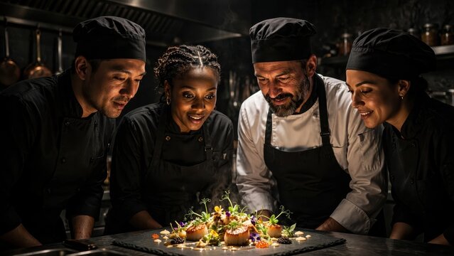 Professional diverse team of skilled chefs collaborating and inspecting a gourmet plated dish in a dark moody restaurant kitchen with dramatic spotlighting and cinematic lighting