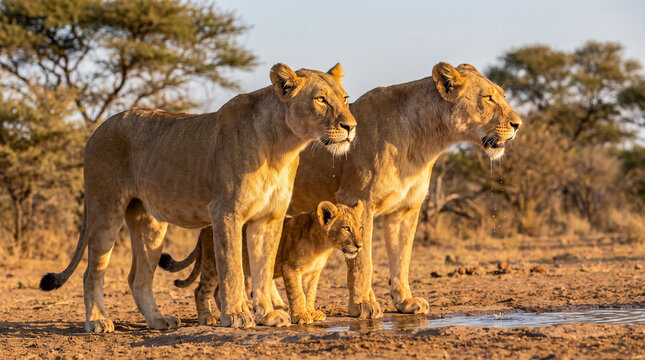 Familia de leonas con un cachorro bebiendo agua en una charca al atardecer en la sabana africana. Escena de vida salvaje con luz dorada y comportamiento natural.