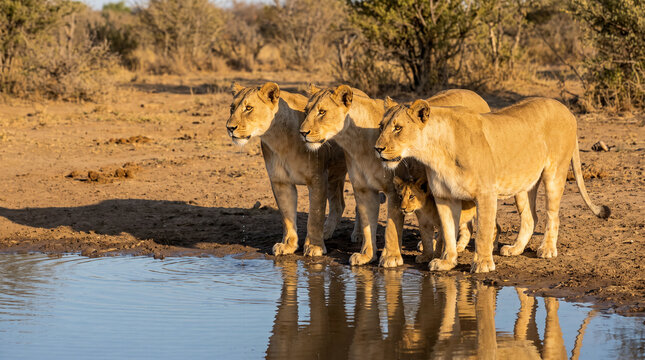 Familia de leonas con un cachorro bebiendo agua en una charca al atardecer en la sabana africana. Escena de vida salvaje con luz dorada y comportamiento natural.