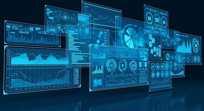 Blue digital dashboard screens with data graphs and charts floating on a dark background for tech concept
