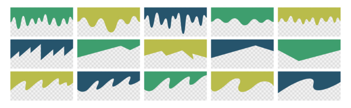 Separator header shapes set, section divider for website, app, banner, web page. Modern bottom, top border, headline design elements or footers with wavy lines, drips, drops on transparent background