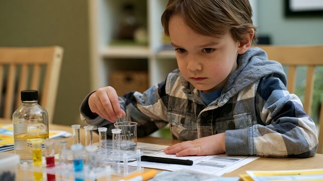 A young child carefully conducts a science experiment using test tubes and glassware at a wooden table